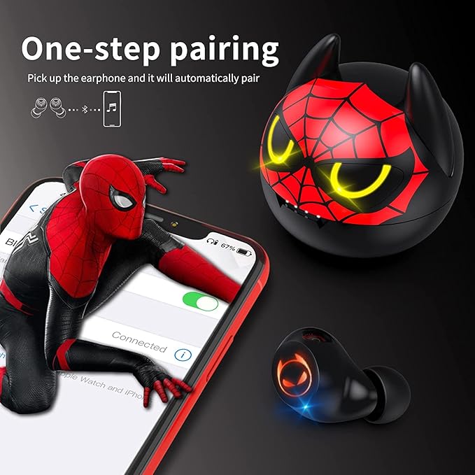 Wireless Earbuds, Touch Control Headset Stereo Sound in-Ear Wireless Earpiece, Bluetooth Earphones with Red Cartoon Charging Case