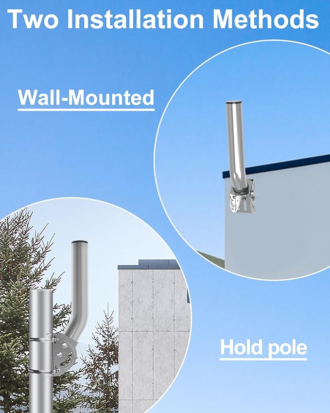 Universal Antenna Pole Mount, 12''(H) - Φ1.38‘’ Stainless Steel 430 Pole and Wall-Mounted Mounting Bracket Mast Kit for Outdoor TV Antennas, Access Point, Weather Station, Wireless Bridge CPE and More