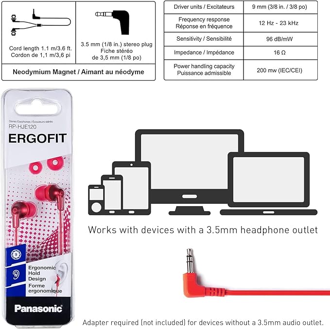 Panasonic ErgoFit Wired Earbuds, 3.5mm Jack in-Ear Headphones with Dynamic Crystal-Clear Sound and Soft Ergonomic Custom-Fit Earpieces (S/M/L), for Phones and Laptops - RP-HJE120-RA (Metallic Red)