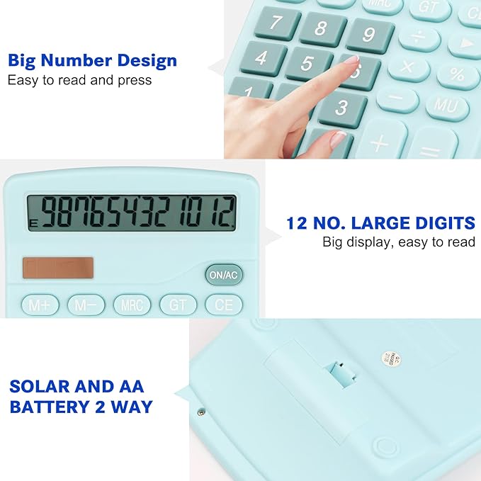 Desk Calculator, Envysun 12-Digit LCD Display Office Calculator – Dual Power, Compact and Lightweight, Easy-to-Read Display, Durable for Business, School, and Home (Light Blue)