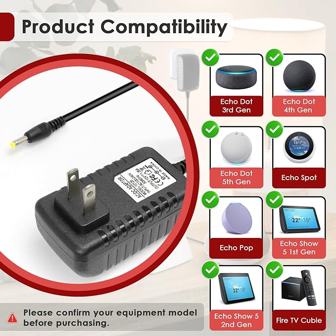 2 Pcs Power Cord for Alexa Dot 3rd / 4th / 5th Gen 2022, Echo Show Black Charger Cable - 1.5M Long Power Adapter