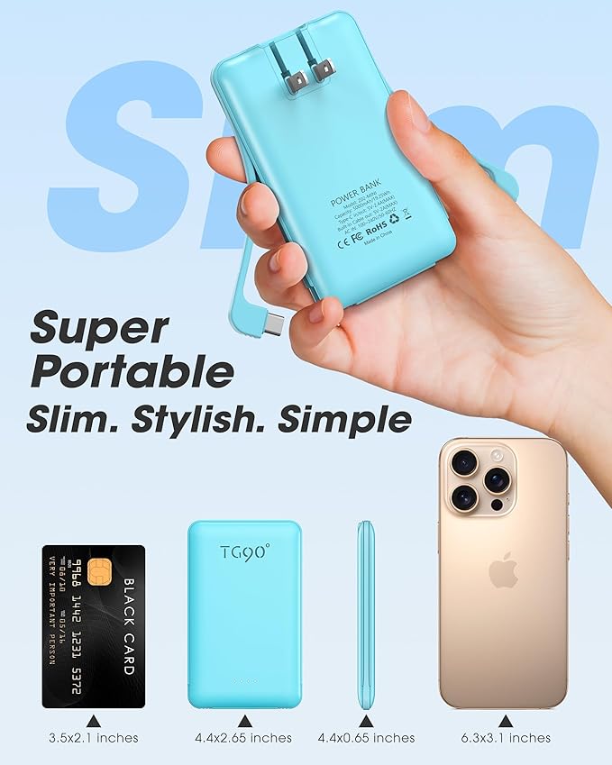 TG90° 5000mAh Slim Portable Charger,Ultra Compact Portable Charger with Built-in AC Wall Plug & USB-C Fast Charging,Pocket Size Travel Charger Compatible with iPhone 17 16 15 14 Samsung S22 S21 iPad