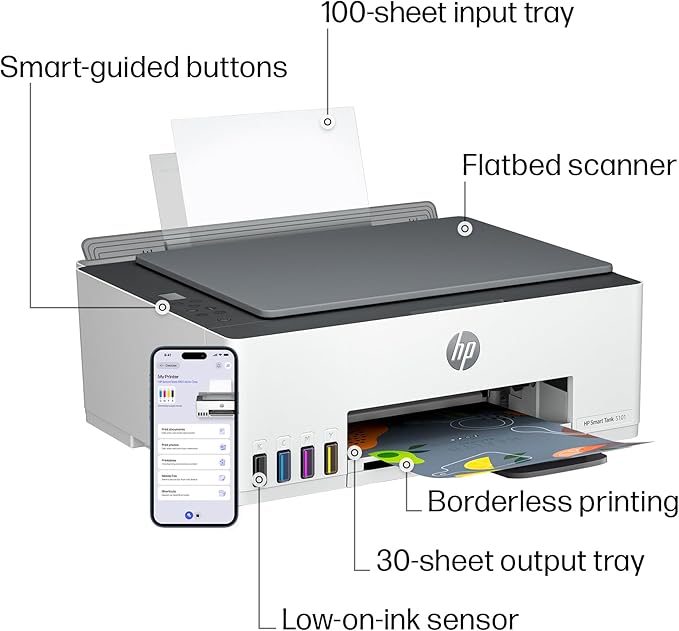 HP Smart Tank 5101 Wireless All-in-One Ink Tank Printer, Scanner, Copier with 2 years of ink, Best-for-home, Refillable, AI-enabled (1F3Y0A)