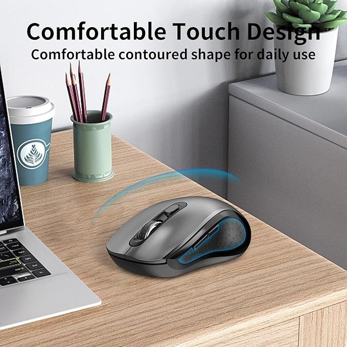 Wireless Mouse Ergonomic, Side Buttons Mouse, 2400 DPI, Silent and Anti Slip Roller Cordless Mice, 2.4Ghz with USB Receiver, 6 Buttons, Suitable for Laptop PC Chromebook and Windows 11/10/7 - Grey