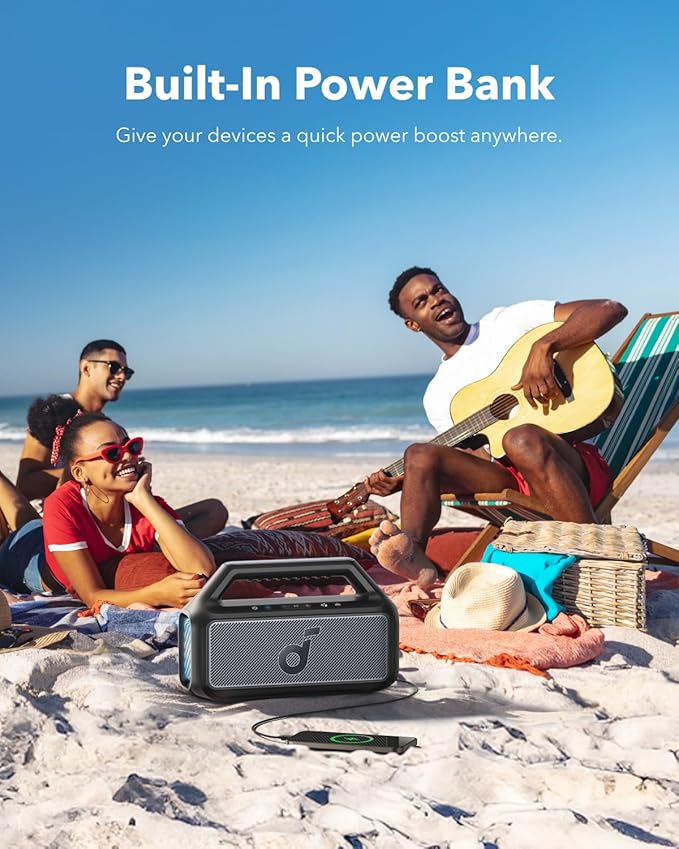 soundcore Boom 2 By Anker, Outdoor Speaker, 80W, Subwoofer, BassUp 2.0, 24H Playtime, IPX7 Waterproof, Floatable, RGB Lights, USB-C, Custom EQ, Bluetooth 5.3, Portable for Camping, Beach, and Backyard