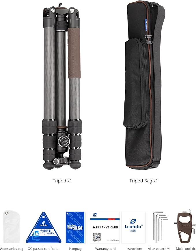 Portable Travel Tripod, Carbon Fiber Camera Tripod with Ball Head, with 360° Detachable Center Column, Folded Length 485mm, Max Load 15kg, Max. Height 1735mm (LX-324CT+XB-38)