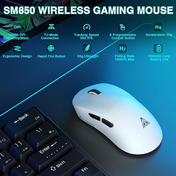 SOLAKAKA SM850 Wireless Gaming Mouse, 24000 DPI, 55g Lightweight Mouse Gaming, 6 Programmable Buttons, Ergonomic Computer Mouse, Tri-Mode BT5.1/2.4G/USB-C 250h Battery Life PC Gamer Mice for Laptop