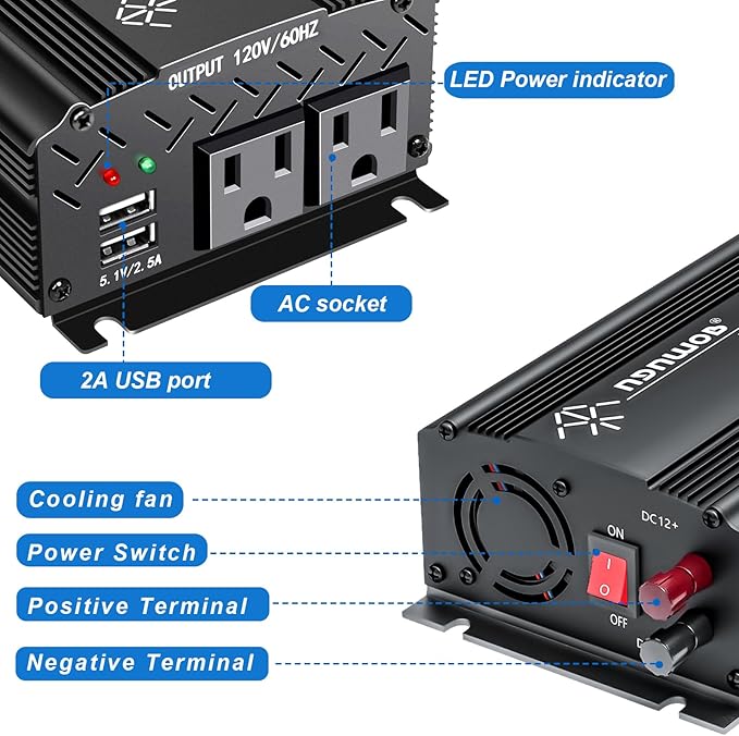 750W Black Car Power Inverter, 12V to 110V/120V, 2 AC Outlets, 2 USB Ports, Battery Clamps, Ideal for Vehicles, Trucks, Camping