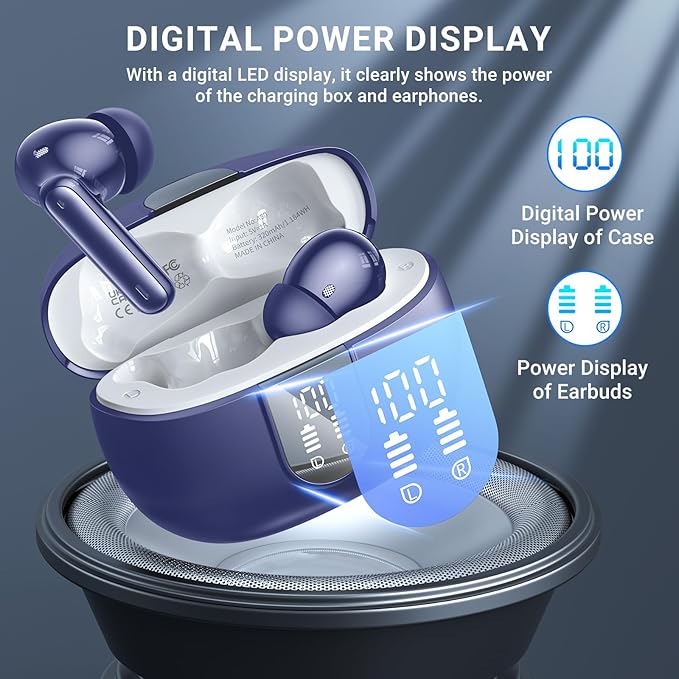 Wireless Earbuds, 2025 Wireless Headphones HiFi Stereo Earphones with 4 ENC Noise Canceling Mic, 42Hs Playtime In Ear Earbud, Bluetooth 5.3 Sport Earphones with LED Power Display for Android iOS