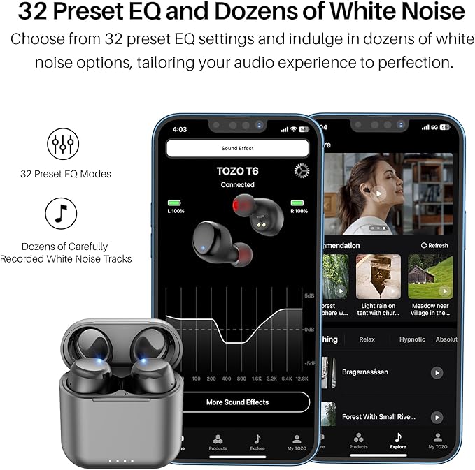 TOZO T6 Wireless Earbuds, Bluetooth 5.3 Ear Buds, Stereo Sound in Ear Headphones, 50 Hours Playtime, Wireless Charging Case, APP Customizable EQs, IPX8 Waterproof Earphones