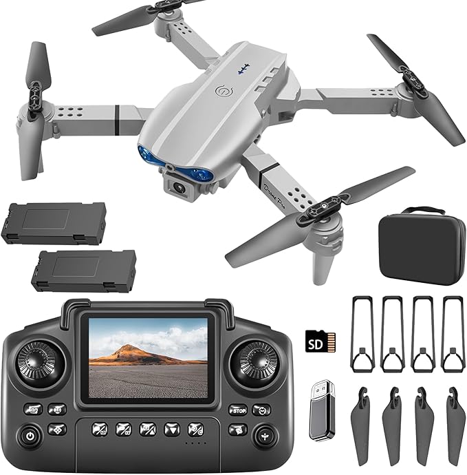 E99 Drone with Screen Controller, Two-batteries, Altitude Hold, One Key Take Off/Landing, Active Obstacle Avoidance. with Black Outdoor Carrying Case. (White - 2 batteries)