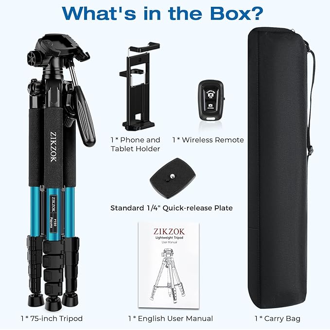 75" Heavy Duty Camera Tripod Stand with Bluetooth Remote - Max Load 15LB, Aluminum Travel Tripod for DSLR/Phone/Tablet/Projector, 3-Way Pan Head & Quick Release Plate, Compact Foldable Design (Blue)