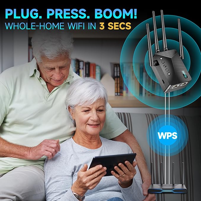 WiFi Extender Signal Booster for Whole Home & Backyard - 10K Sq.Ft Coverage w/4 Antennas | 90% Faster Internet Booster w/Ethernet Port, Easy Setup Wireless Repeater Works with Any Router
