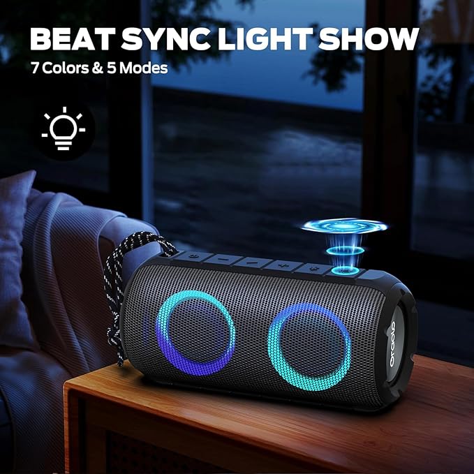 BUGANI Luster Bluetooth Speakers, Portable Wireless Stereo Speaker with Colorful Lights, Loud Sound, Bluetooth 5.3, 24H Playtime, IPX6 Waterproof, AUX-in, for Home/Outdoor/Camping/Beach
