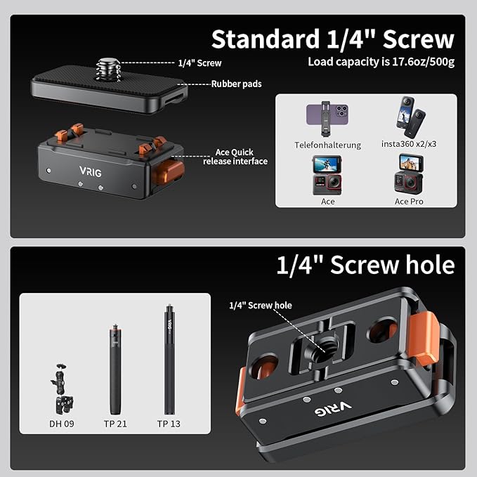 VRIG Magnetic Quick Release Mount for Insta360 X5/ ACE/ACE PRO/ACE PRO2, Magnetic Mount Metal Connection with 1/4" Screw Adapter for Insta360 X4/X3/ONE RS 360 Degree Version/ONE RS Twin/ONE X2