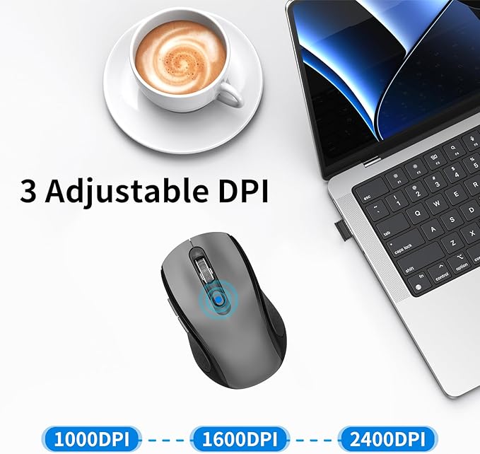 Wireless Mouse Ergonomic, Side Buttons Mouse, 2400 DPI, Silent and Anti Slip Roller Cordless Mice, 2.4Ghz with USB Receiver, 6 Buttons, Suitable for Laptop PC Chromebook and Windows 11/10/7 - Grey