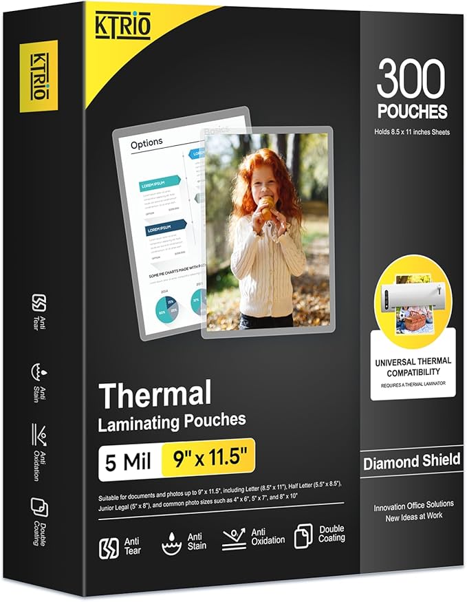 KTRIO Laminating Sheets 5 Mil, Hold 8.5 x 11 inches Sheet, 300 Pack, Clear Thermal Laminate Pouches for Laminator, 9 x 11.5 inches Lamination Sheets for School, Home & Office