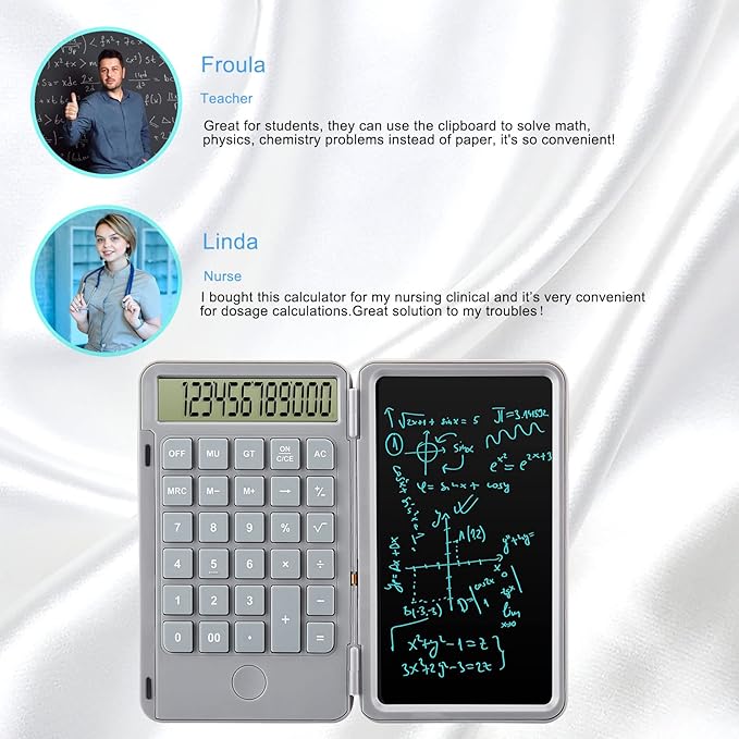 Hion Calculators,12-Digit Large Display Rechargeable Pocket Office Desktop Calculator with Erasable Wiriting Tablet,Mute Basic Desk Calculators with Doodle Pad for Student Home School,Grey