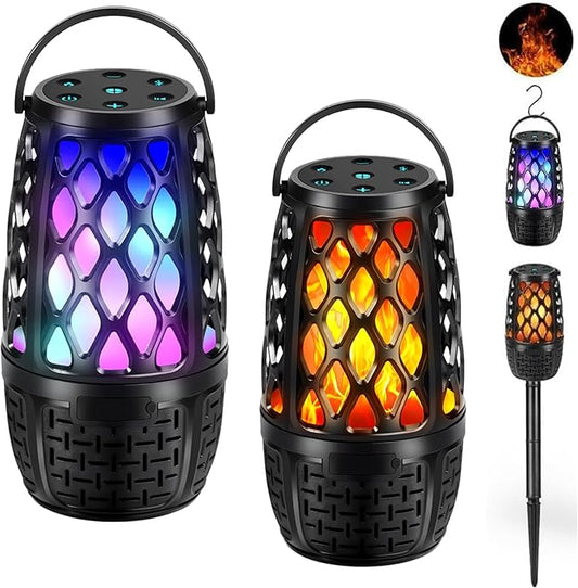 Outdoor Speakers, Colorful LED Flame Speaker, Outdoor Bluetooth Speakers Waterproof Wireless, Bluetooth 5.3, Stereo Sound, Portable Wireless Speaker with Stake, Hook for Patio/Yard/Porch(2 Pack)