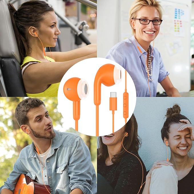 USB C Earbuds USB Type-C Headphones for iPad 10th Generation iPhone 17 16 Pro 15 Plus Galaxy S21 Wired Headphone Earphones with Microphone Volume Control Noise Isolating HiFi Stereo Headset Orange