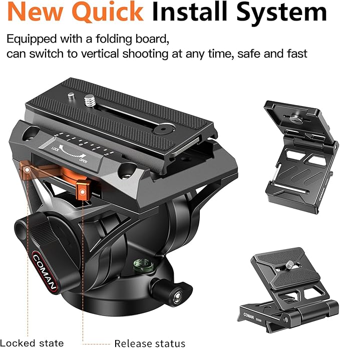 COMAN Camera Tripod with Fluid Head, 70.8" Detachable Compact Tripod with Monopod Aluminium Alloy and Quick Release Plate for DJI Canon Nikon Sony DSLR Camera Black Max Load 17.6lb