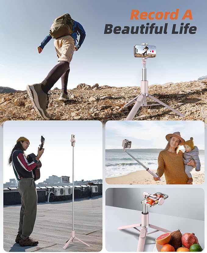 62" Phone Tripod & Selfie Stick, Tripod for iPhone with Remote, All-in-1 Cell Phone Stand, Portable, Extendable Stand for Selfies Video Recording Vlog, Compatible with iPhone Android (Pink)