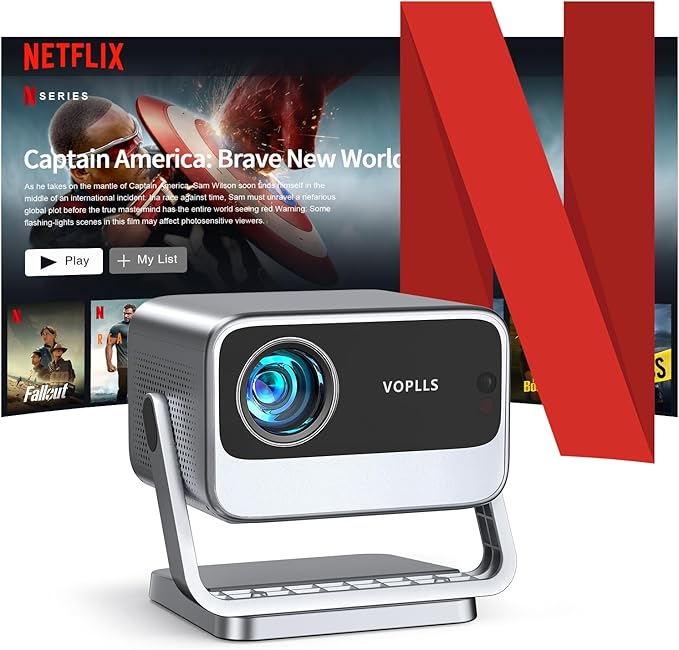 [Netflix Officially & Auto Focus] VOPLLS 4K Projector with WiFi and Bluetooth, 3D Stereo Sound & Auto Keystone Video Projector, 1200ANSI Outdoor Movie Projector, 50% Zoom, MAX 300''Display (Grey)