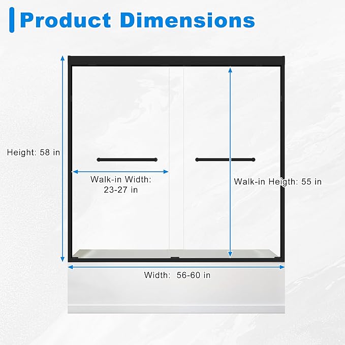 56-60" W x 58" H Bathtub Door Bathroom Tub Shower Door 1/4"(6mm) Thick Tempered Glass Shower Door with Stainless Steel Handle for Bathtub, Matte Black
