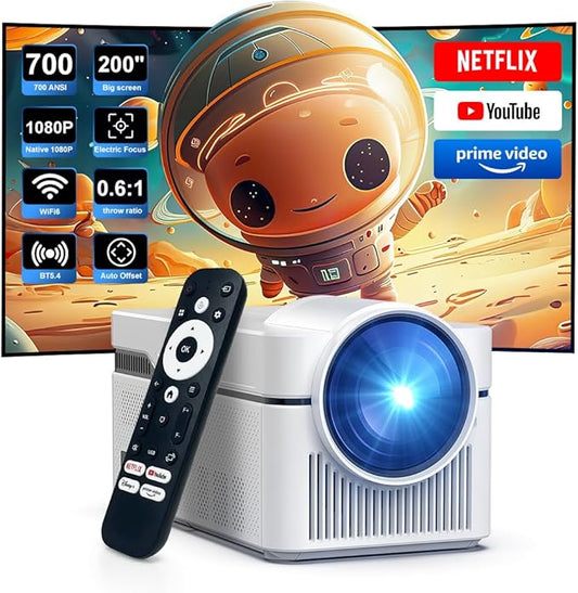 Short Throw Projector with 4k Support, Built-in Android 13, Smart Projector with Wifi and Bluetooth , Electric Focus, 2 x 8W Stereo Speakers for Bedroom and Outdoor Use HY450NTV