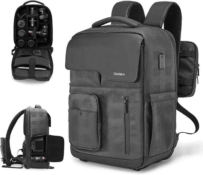 Cwatcun Camera Backpack Waterproof Camera Bag, Multi-Functional Travel Photography Bag Camera Case with 15.6" Laptop Compartment and Tripod Holder for Canon/Nikon/Sony SLR/DSLR/Mirrorless Camera