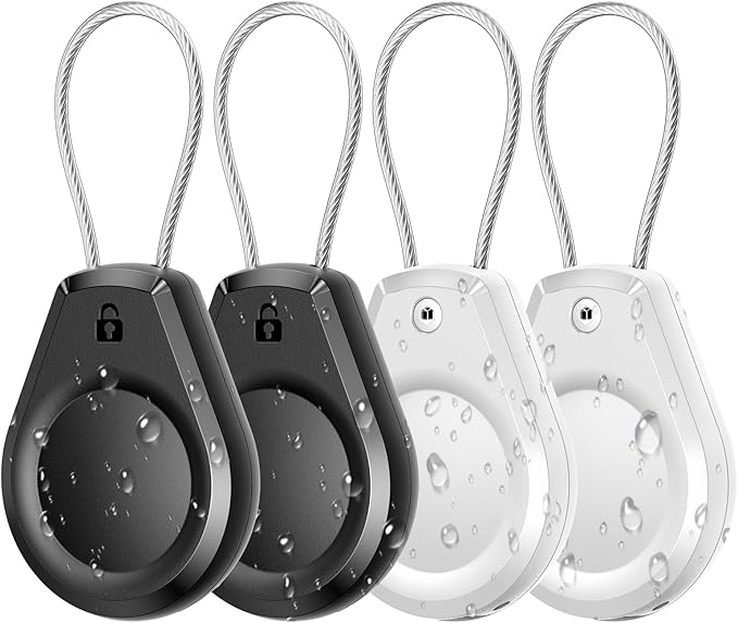 Waterproof AirTag Keychain Holder - (4 Pack) Air tag Lock Case with Wire Cable Compatible with Apple AirTags, Ultra Durable Anti-Lost Protective Case for Luggage, Key, Backpack, Black/White