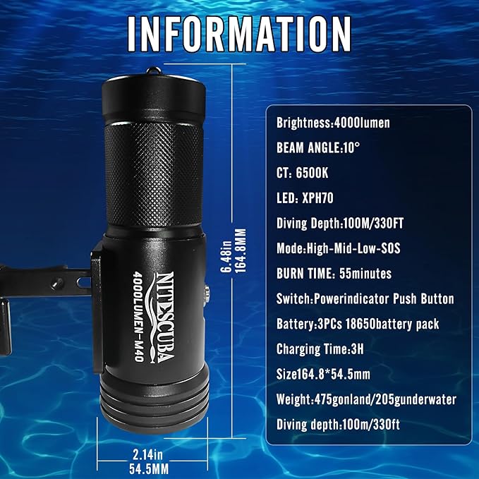 Scuba Diving Flashlights 4000 Lumen IP68 Waterproof Underwater Light for 100m/330ft CRI=90 Underwater Photography with Adjustable Handle