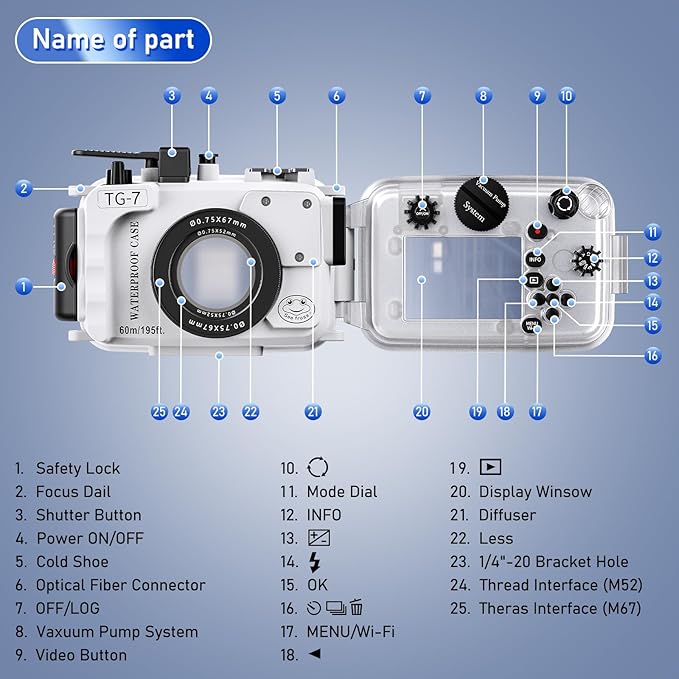Seafrogs 60m/195ft Underwater Camera Housing for Olympus TG-7 – Waterproof Case with 52mm & 67mm Thread, Dual Fiber Optic Ports, Leak Detection, Stainless Steel Mounting Plate (TG-7-white)