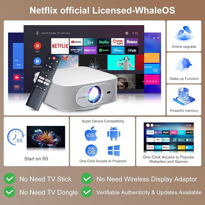 [Netflix Licensed] Smart Projector with Built-in Apps, Wifi Bluetooth, 1080P Native 4K Mini Projector, 400 ANSI Lumen, Auto Keystone/Electric Focus, Android 13 NTV, Outdoor Movie Projector, by Salange
