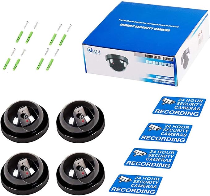 WALI Dummy Fake Security CCTV Dome Camera with Flashing Red LED Light with Security Alert Sticker Decals (SD-4), 4 Packs, Black