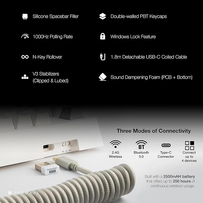 TECWARE Phantom+ Elite 87 Key RGB Mechanical Gaming Keyboard, LED Backlit, Universal Hot-Swap, Wired and Wireless, 3 Mode Connectivity, Thocky Sounding, White Elite Wraith Orange