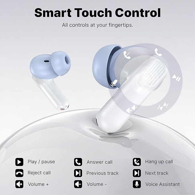 Wireless Earbuds Bluetooth 5.3 Headphones, Lightweight in-Ear Design with Deep Bass, 48HPlaytime, Touch Control, IPX5 Waterproof Earphones for Sports Workout (Blue & White)