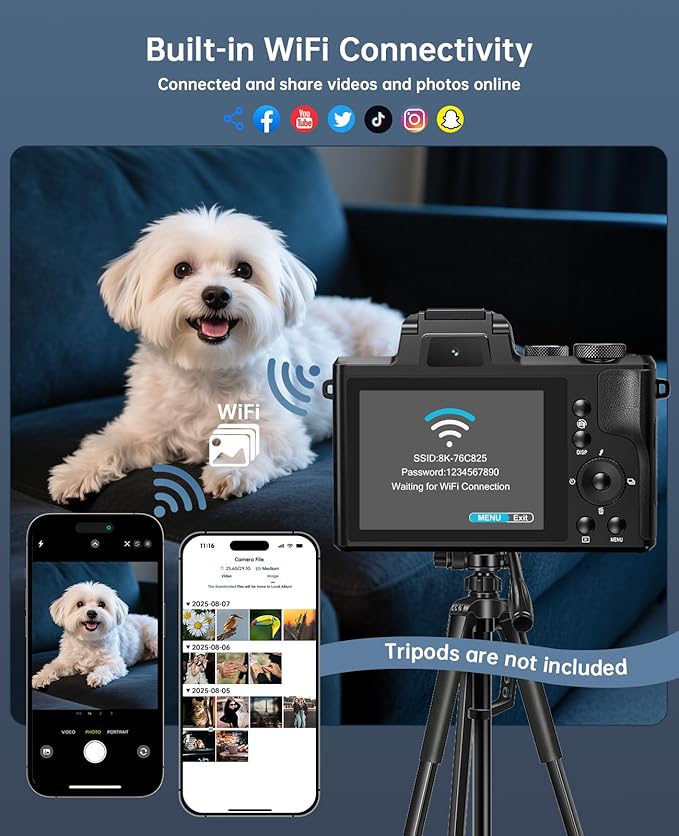 8K Digital Cameras for Photography - Autofocus 88MP WiFi Profession Camera with Dual-Lens - 16X Digital Zoom Photography Camera for YouTube with Lens Hood, Touch Screen, 2 Batteries & Charging Stand