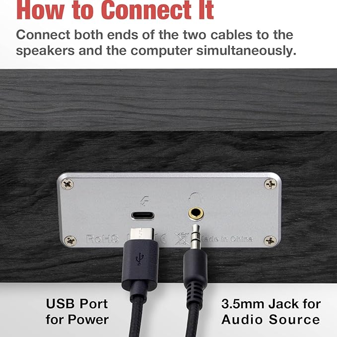 MICA Computer Speakers, Wired Computer Sound Bar, Wooden Mini Soundbar, USB Powered PC Speakers for Desktop Monitor, Laptop, Tablet, 3.5mm Aux Connection, Angled (Gray)