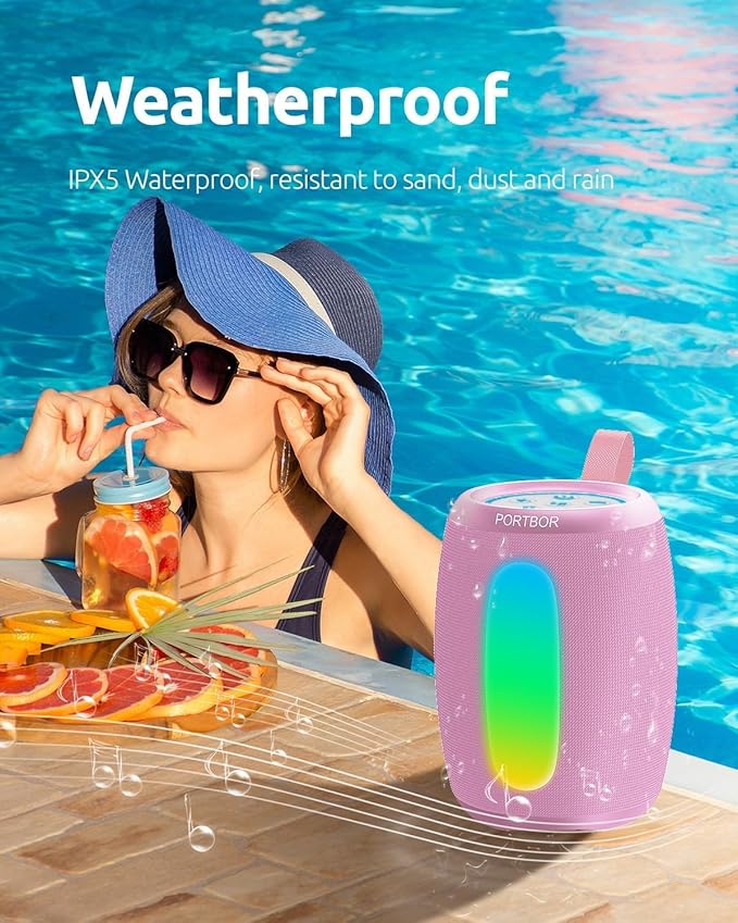 Bluetooth Speaker Portable Wireless, Powerful Stereo Sound with Lights, IPX5 Waterproof, TWS Pairing, Small Speaker for Outdoor Camping Beach Home Travel, Electronics Gift for Him Her Birthday Holiday