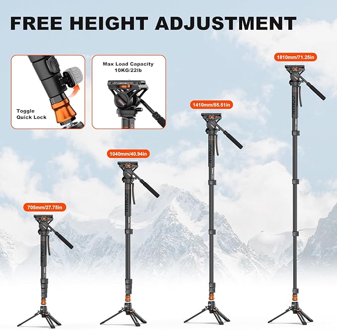 Professional Camera Monopod with Feet, 73.2 inch Aluminum Portable Travel Video Monopod with Removable Tripod Stand Base, Max Load 22 Lbs, New Q6 Fluid Head for DJI RS4 Manfrotto