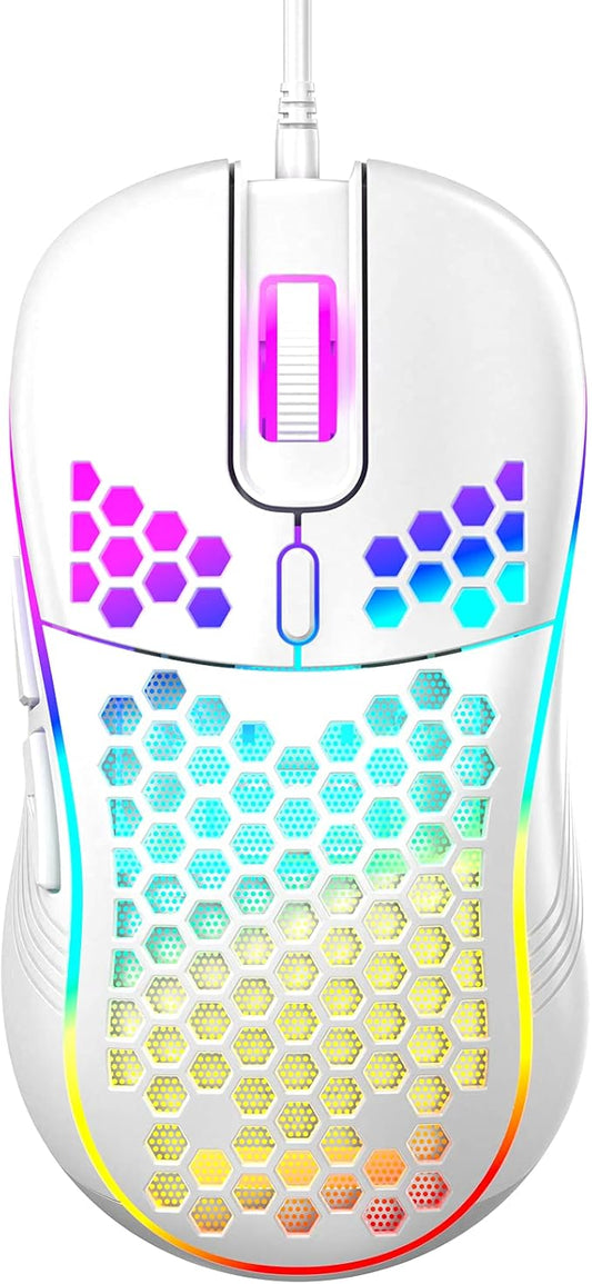 Honeycomb Wired Gaming Mouse with RGB On/Off Switch, 7200 Adjustable DPI, Ergonomic Lightweight Design & High Precision Sensor for PC/Mac Gamers (White)