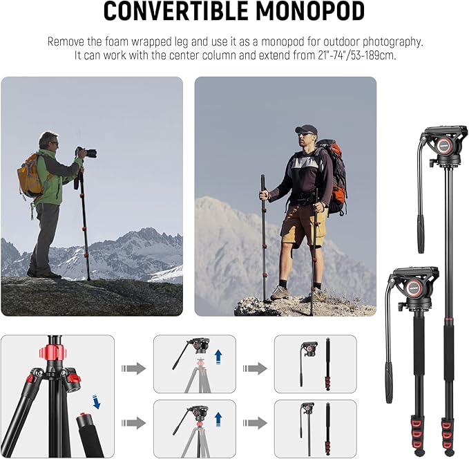 NEEWER 72" Fluid Head Video Tripod Monopod, Aluminum Alloy QR Plate Compatible with DJI RS Gimbal, 360° Pan & +90°/-70° Tilt for DSLR Camera Camcorder, Max Load 13.2lb/6kg, TP72A