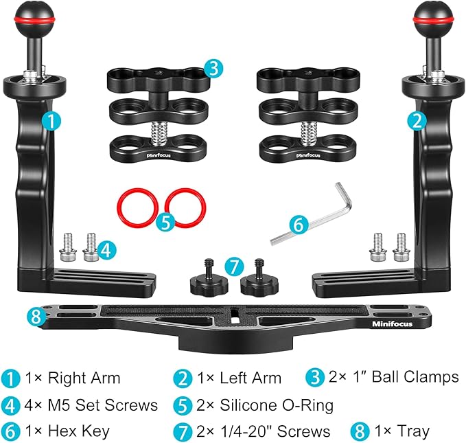 MINIFOCUS Underwater Camera Handle Tray Bracket, Dual Handle Extendable Aluminum Alloy Video Stabilizer Holder with 2 1'' Ball Clamp Mount for Underwater Camera Diving Housings