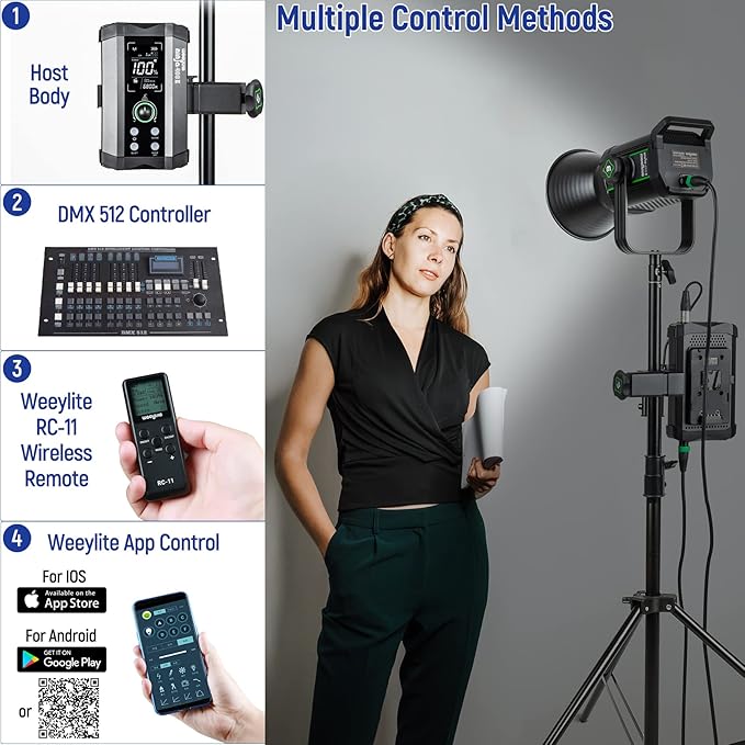 Weeylite Ninja 400 II LED Continuous Video Light, 150W 2800-6800K Bi-Color Bowens Mount Continuous Lighting App Control Dimmable LED COB Studio Lights with V-Mount for Photography Video Recording