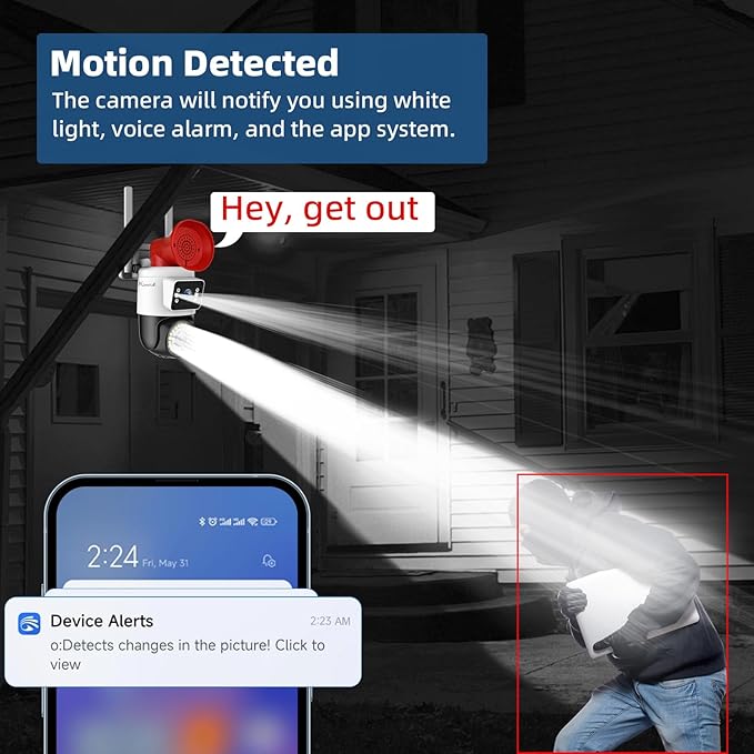 4MP Dual Lens Outdoor Security Camera with Night Vision & Floodlight, 355° Pan/Tilt Motion Tracking, 2.4GHz WiFi, SD/Cloud Storage, IP66 Waterproof, 2-Way Audio, Works with Mobile Apps & PC