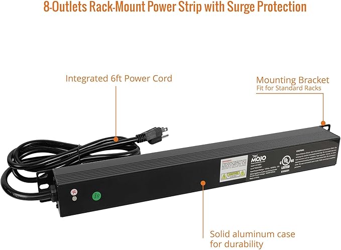 Tecmojo 1U Rack-Mount Horizontal 8-Outlet Power Strip UL Listed PDU with Surge Protection LED Indicators 6ft Cord Power Distribution for IT and Network Server Racks