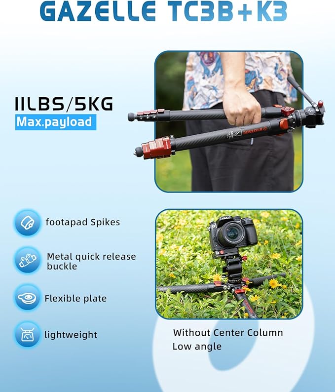IFOOTAGE Travel Tripod Kit Gazelle TC3B with K3 Komodo Fluid Head,54,9”/139,5cm Carbon Fiber Camera Tripod Stand,for Smartphone Live Streaming Vlog Sony Nikon Canon Fuji DSLR,Load 11lbs/5KG,TC3B+K3