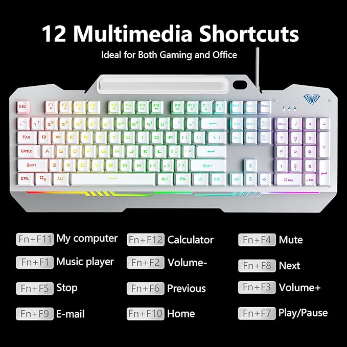 AULA Gaming Keyboard, T102 104 Keys Keyboard and Mouse Combo, USB Wired Computer Keyboards Mechanical Feel Full Size, RGB Backlit for PC/Laptop Gaming or Working/Office (White)