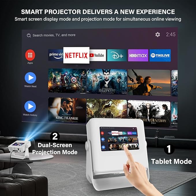 【TouchScreen/Built-in APPs/Auto Focus Keystone】Smart Portable Projector with Touch Tablet, 4K Support Outdoor Proyector, WiFi6 Bluetooth for Home Theater/Gaming/Outdoor (180° Stand & 250")